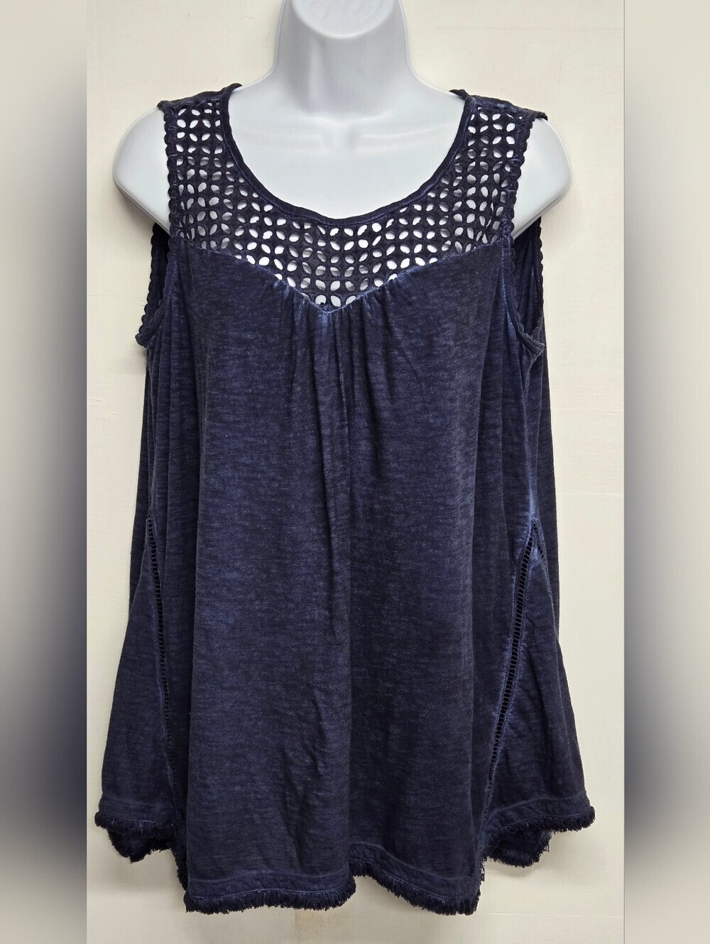 Style & Co M Top Sleeveless Tunic Eyelet Fringe Stretch Vintage Inspired Cotton